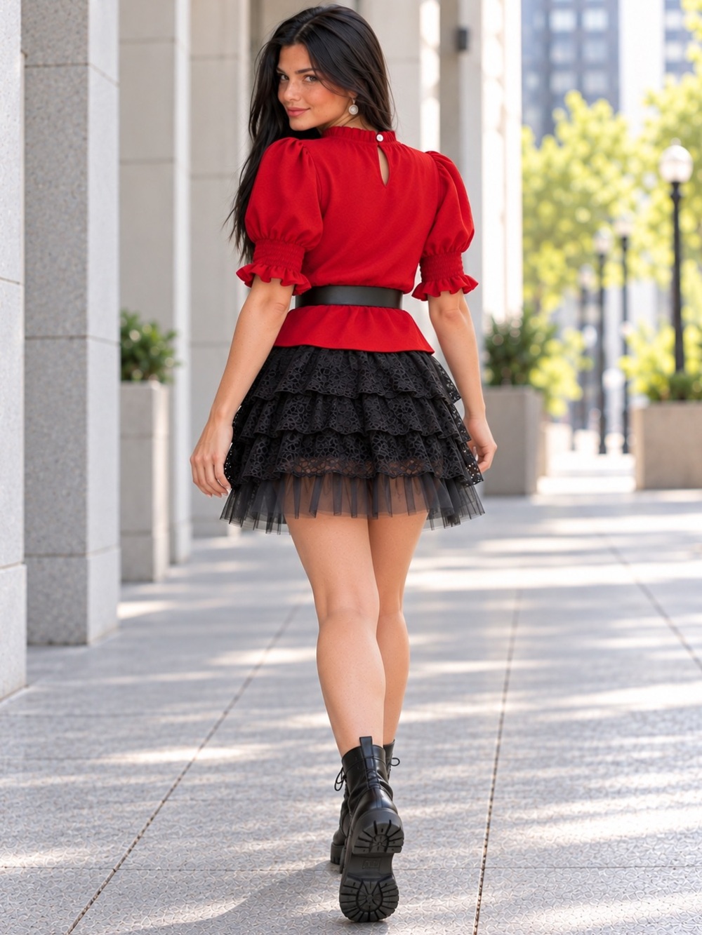 Vintage Les Amis Red Ruffle Neck Puff Sleeve Smocked Cuff Blouse Cottagecore L - Picture 7 of 12